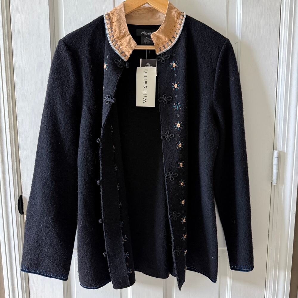 Vintage NWT Will Smith Black Wool Sweater Jacket Suede Collar S cottage core